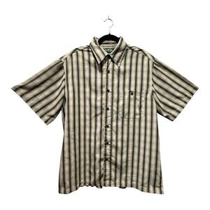 David Taylor Men’s Button Up Shirt Black Cream Green Hue Short Sleeve Striped Of